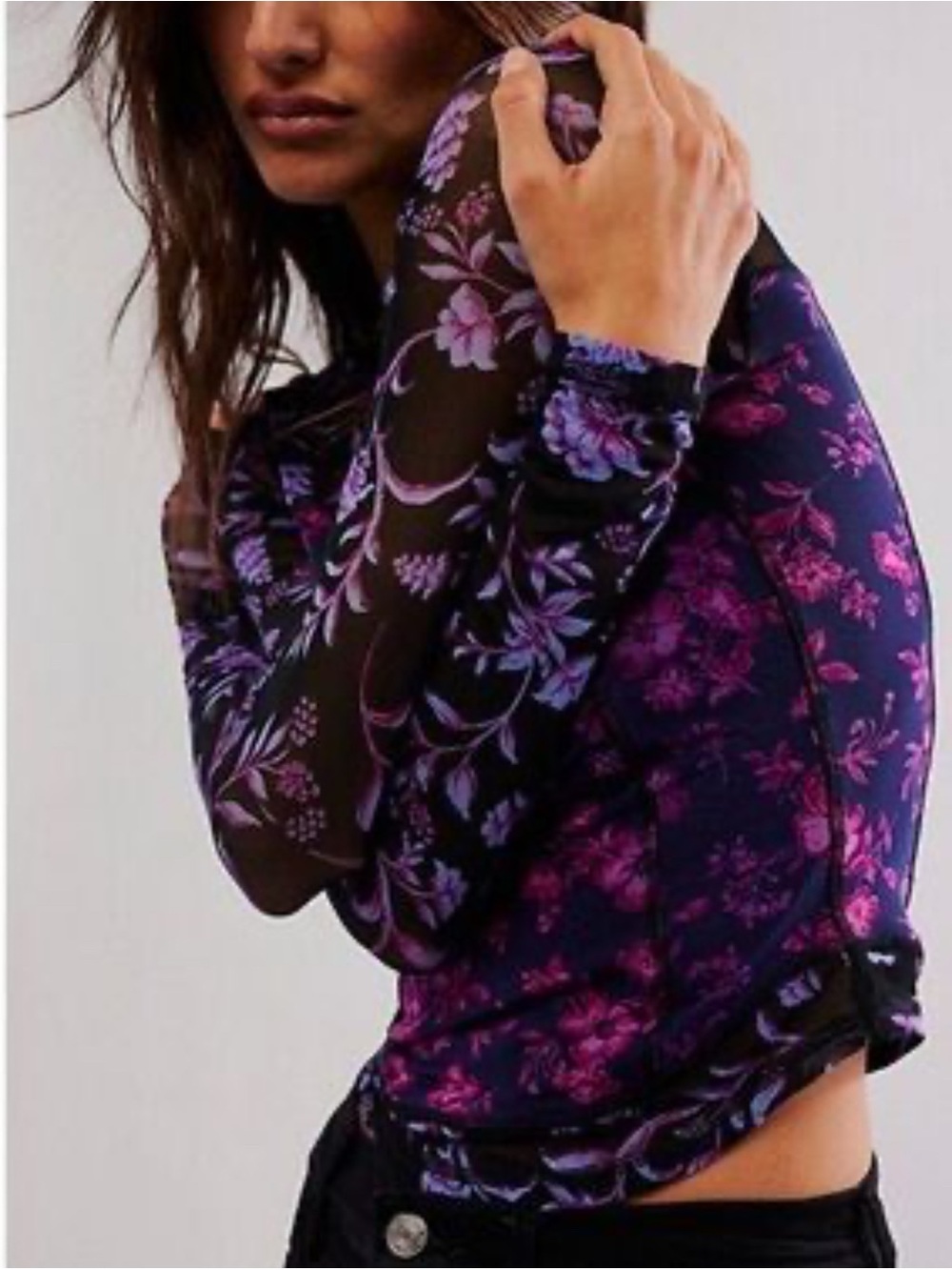 Free People Purple & Black Floral Long Sleeve Mesh Top